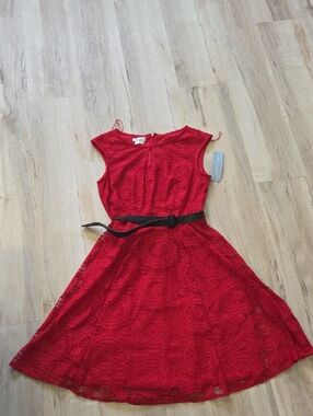 London Times Red Lace Fit-and-Flare Dress with Black Belt
